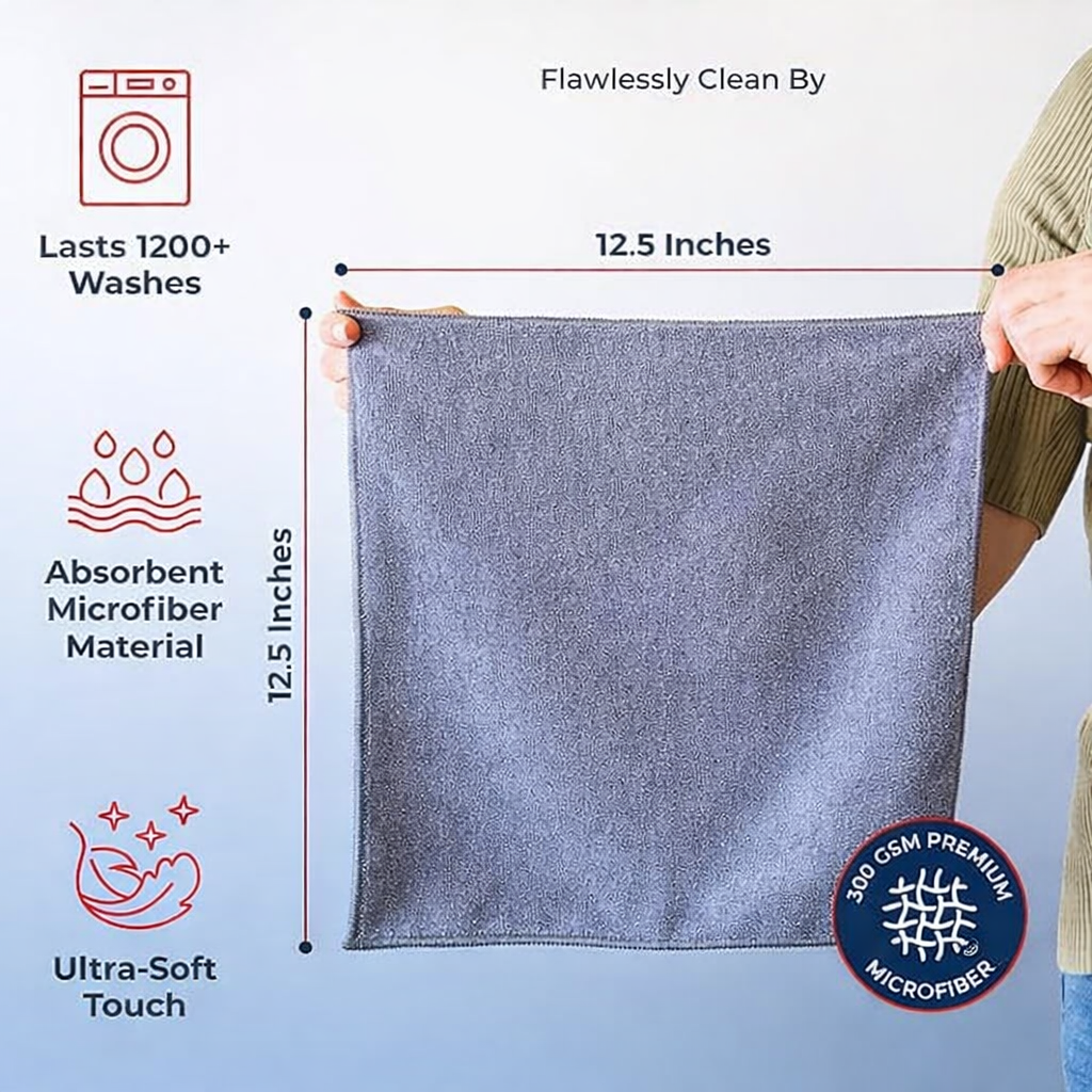 Microfiber Cleaning Cloth Grey - 12 Pcs (12.5"x12.5") - High Performance - 1200 Washes, Ultra Absorbent Microfiber Towel Weave Grime & Liquid for Streak-Free Mirror Shine - Car Washing Cloth